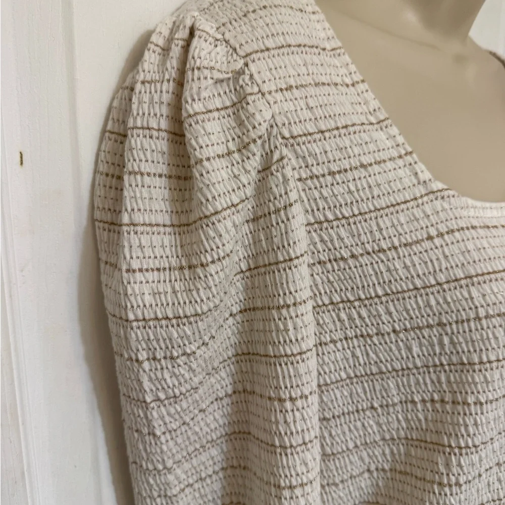 LOFT Gold Shimmer Square Neck Puff Sleeve Knit Top Large